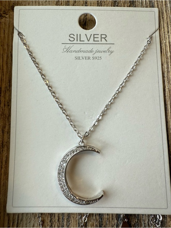 925 Sterling Silver Jewelry - Silver 925 Moon Pendant Necklace with Pave Crystal Accents